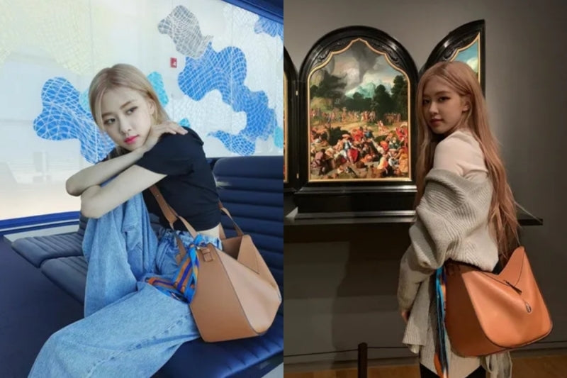 BLACKPINK 成員 Rosé 背著 Loewe Hammock 手袋，並綁上藍色絲巾，展現個人特色的時尚造型。