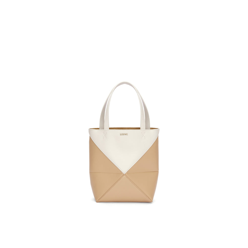 Loewe Mini Puzzle Fold Tote in shiny calfskin (Soft White/Paper Craft)