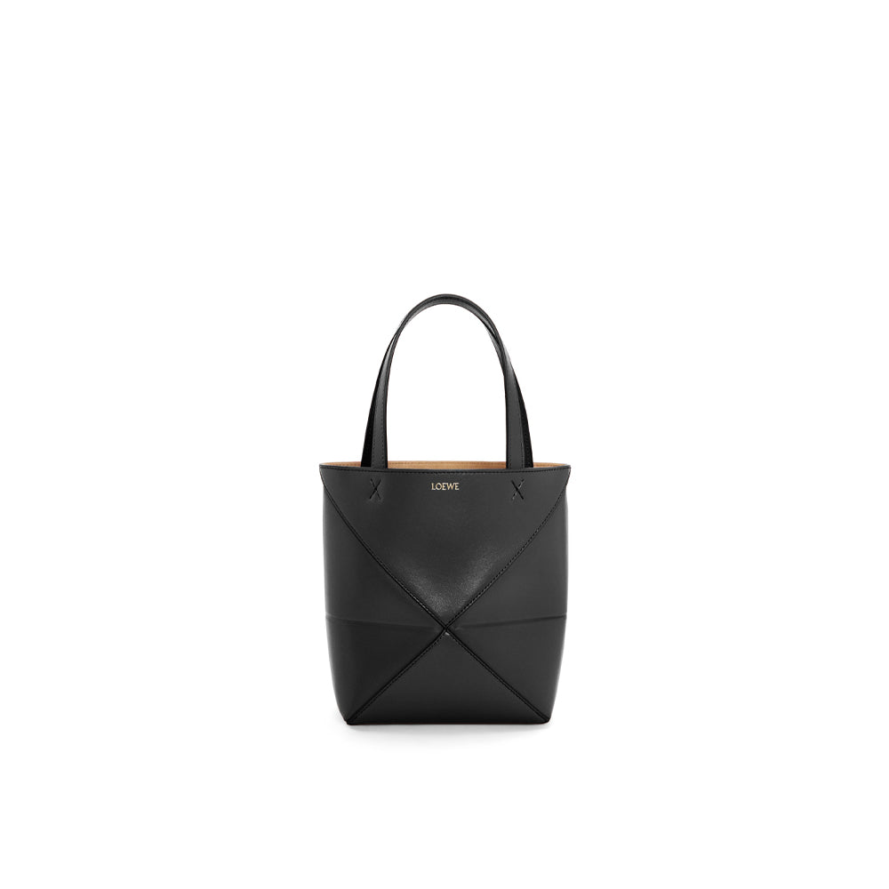 Loewe Mini Puzzle Fold Tote in shiny calfskin (Black)