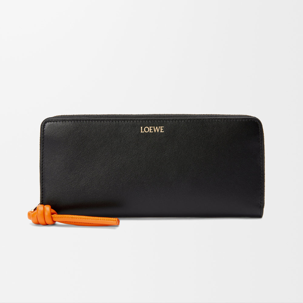 Loewe Knot zip around wallet in shiny nappa calfskin (Black/Bright Orange)