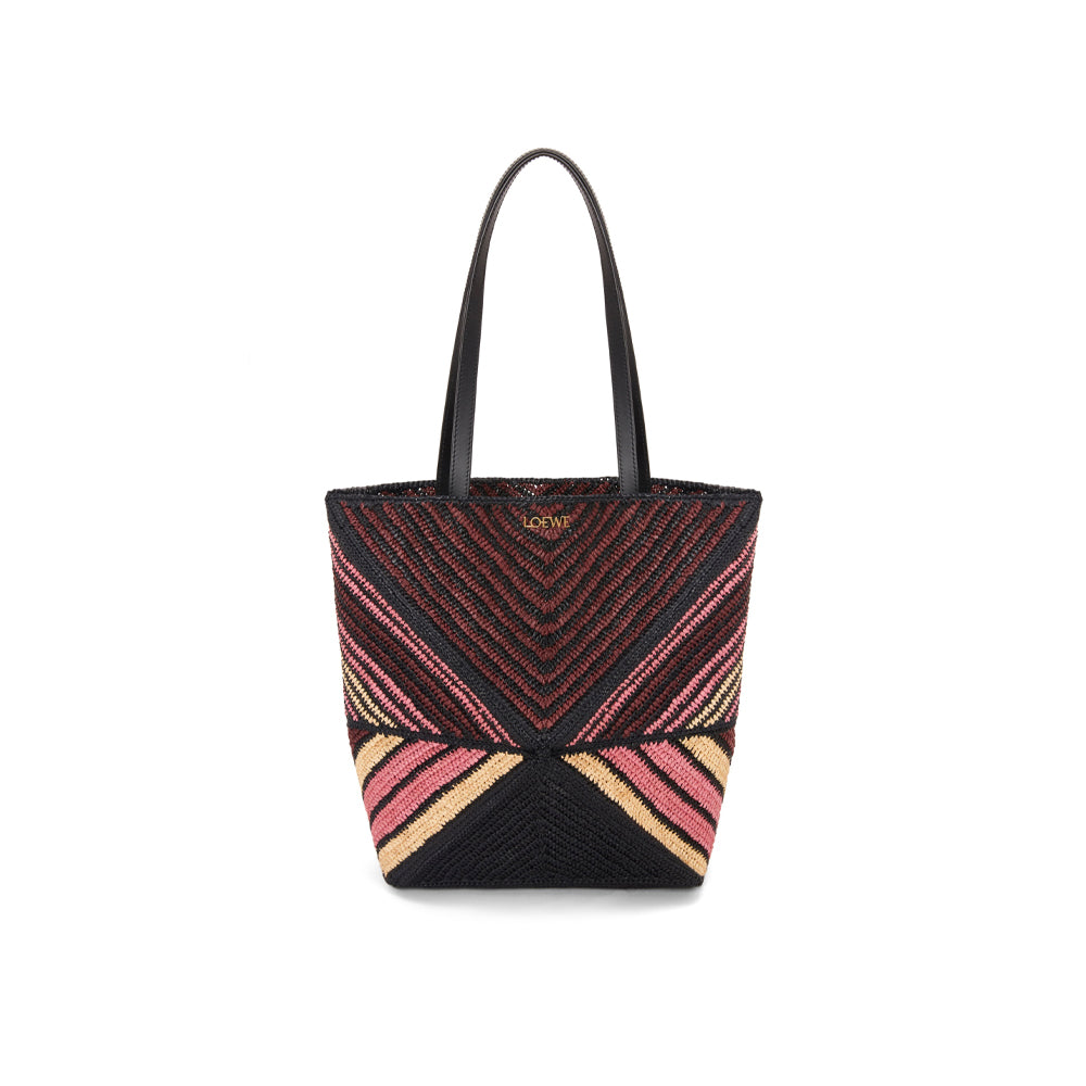 Loewe Puzzle Fold Tote in raffia (Pink/Burgundy)