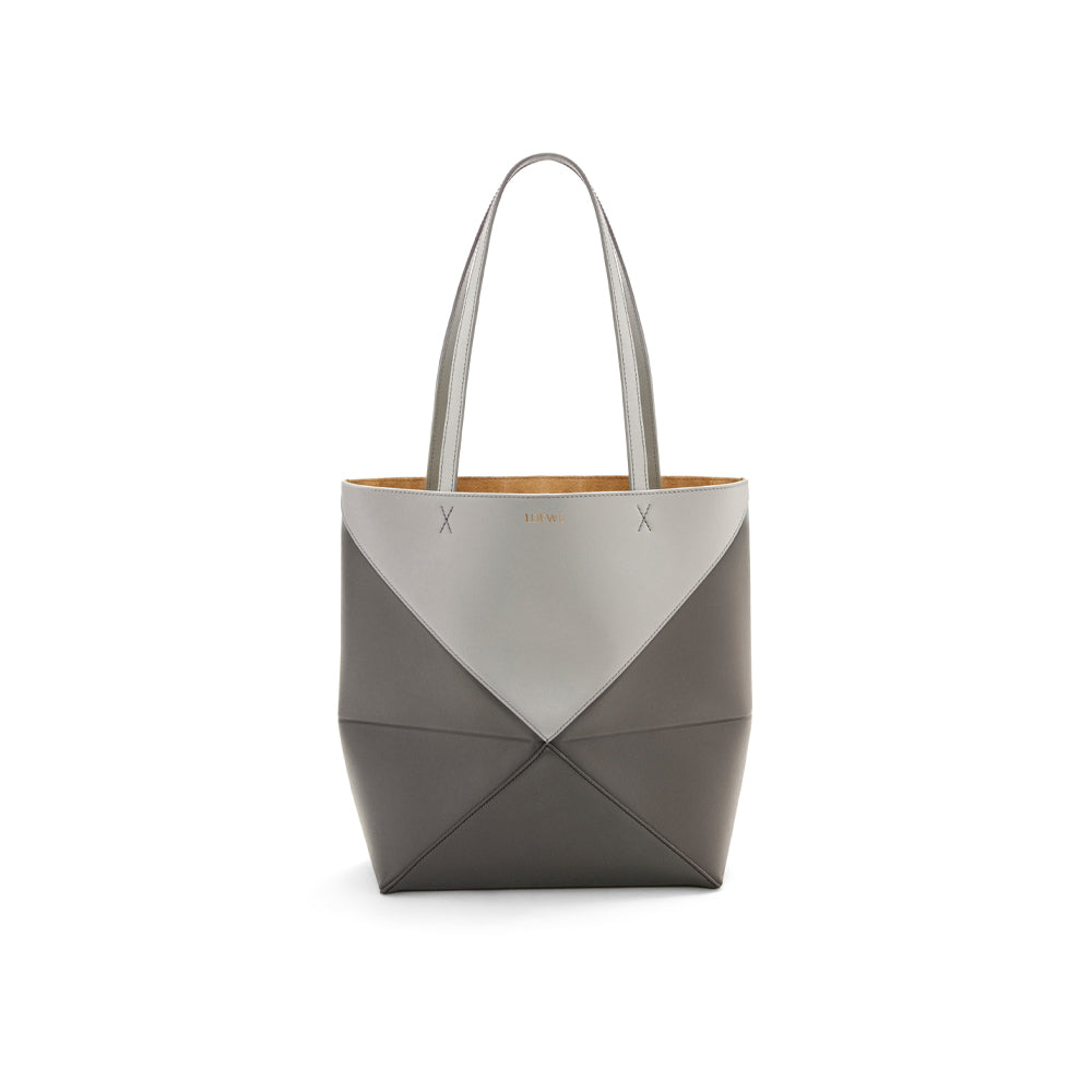 Loewe Puzzle Fold Tote in shiny calfskin (Pearl Grey/Dark Grey)