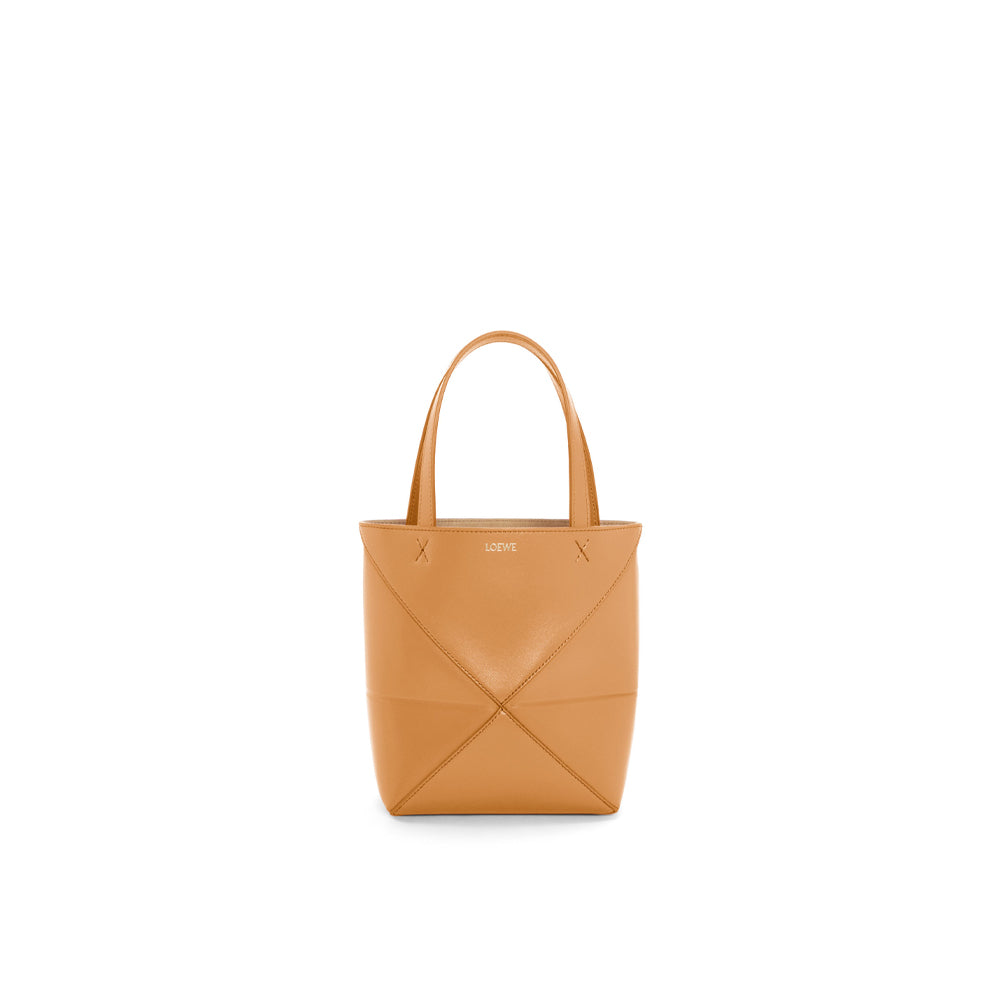 Loewe Mini Puzzle Fold Tote in shiny calfskin (Warm Desert)