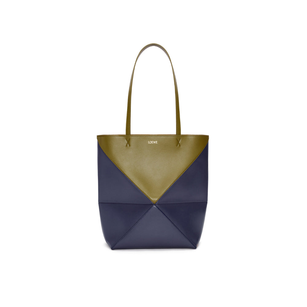 Loewe Puzzle Fold Tote in shiny calfskin (Olive/Abyss Blue)