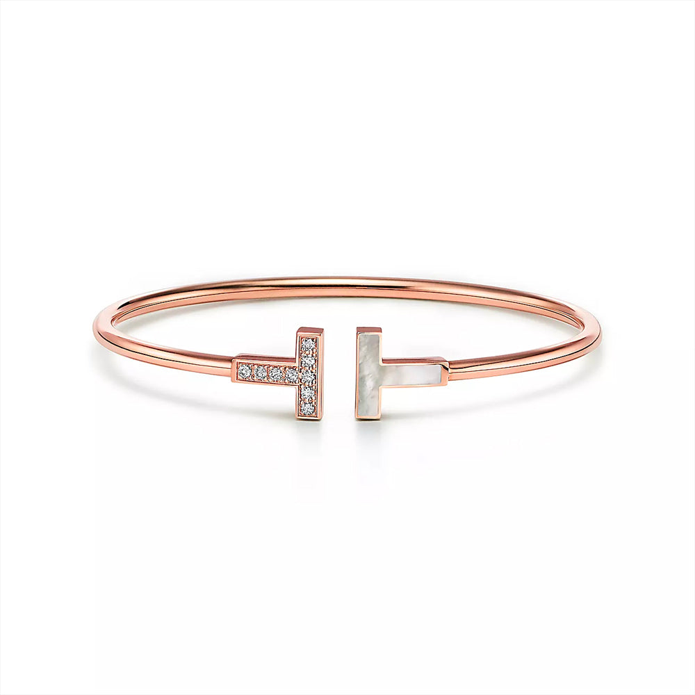 Tiffany & Co. Tiffany T Wire Bracelet in Rose Gold with Diamonds and Mother-of-pearl