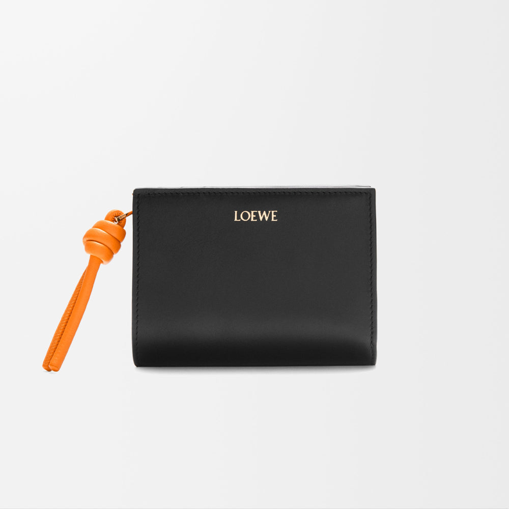 Loewe Knot compact wallet in shiny nappa calfskin (Black/Bright Orange)