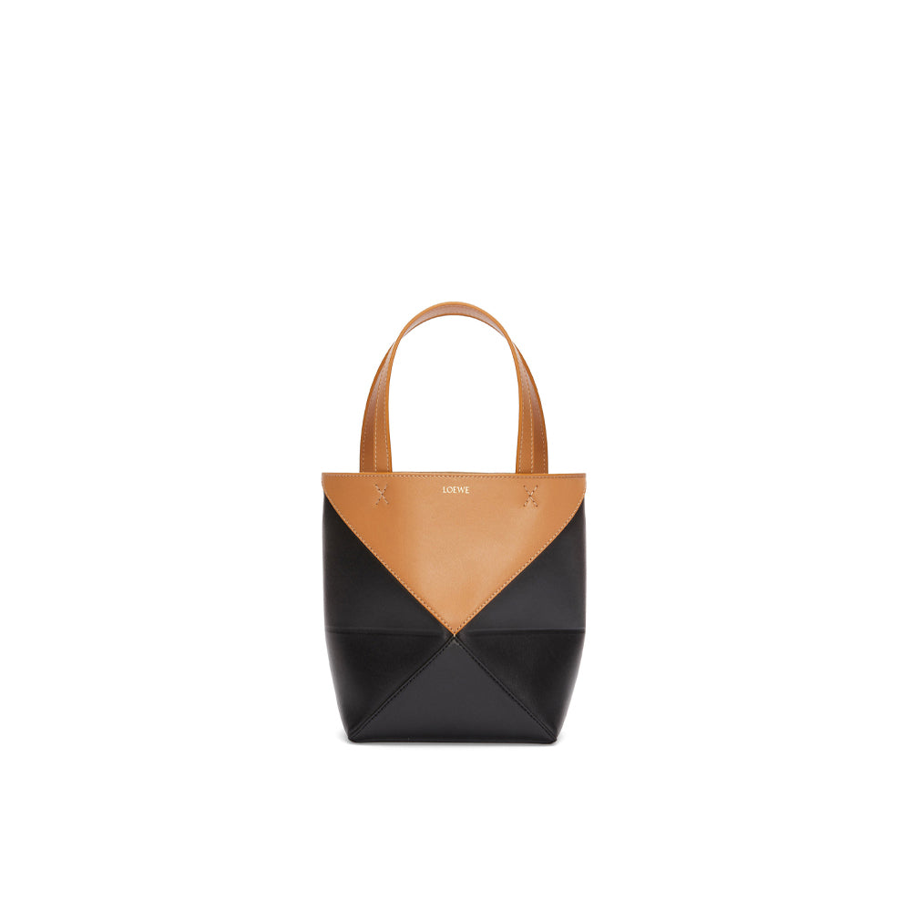 Loewe Mini Puzzle Fold Tote in shiny calfskin (Warm Desert/Black)