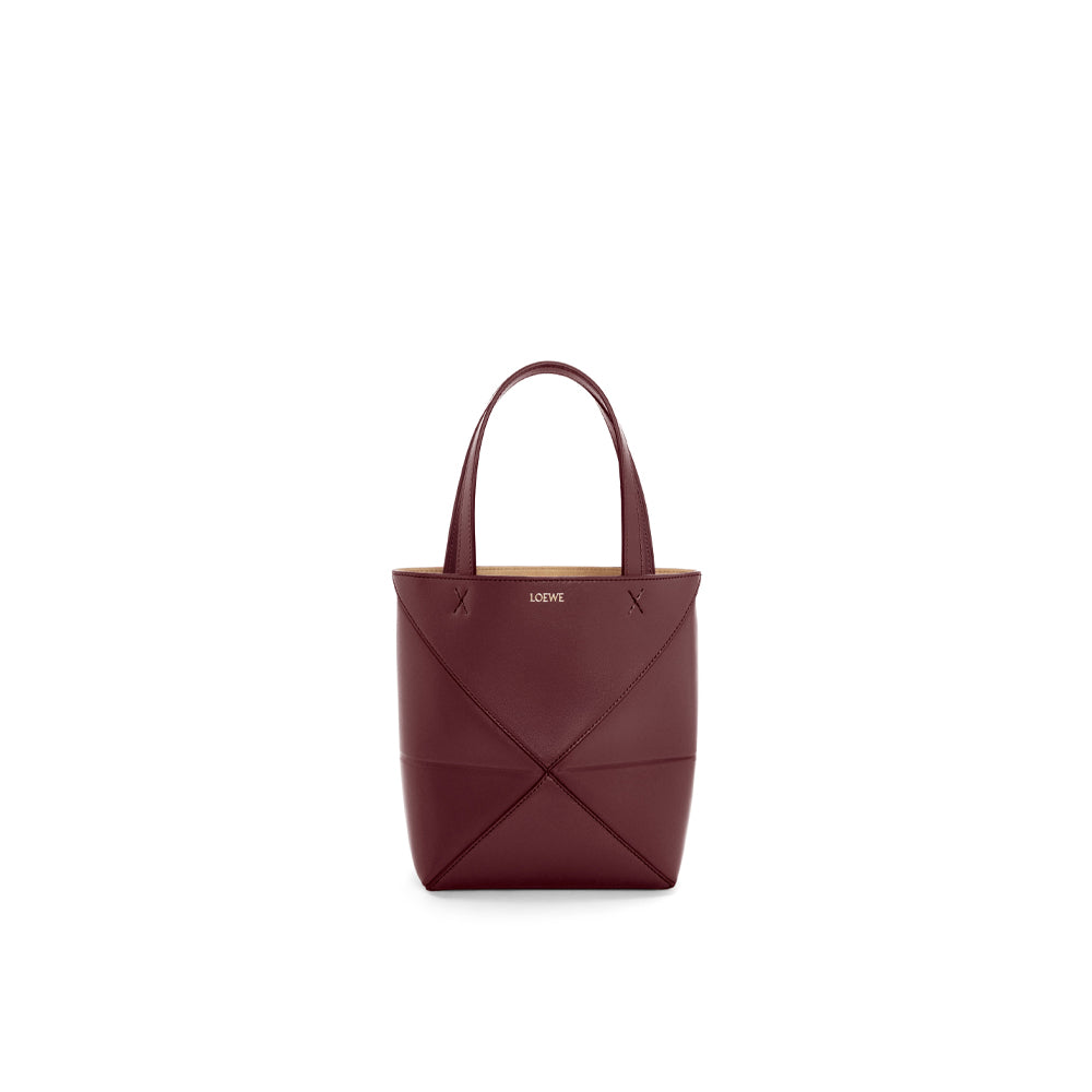 Loewe Mini Puzzle Fold Tote in shiny calfskin (Dark Burgundy)