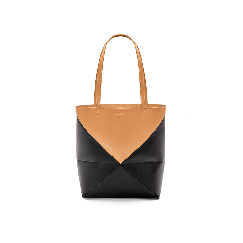 Loewe Puzzle Fold Tote in shiny calfskin (Warm Desert/Black)