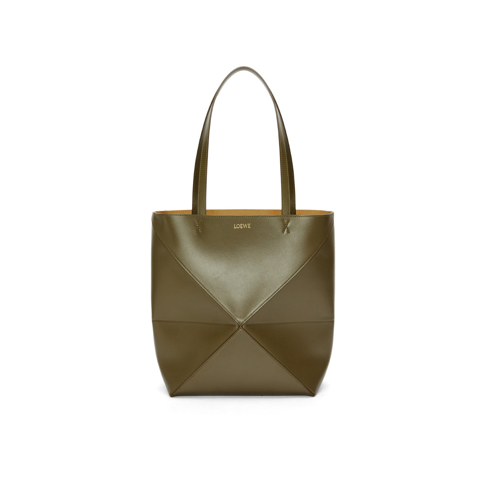 Loewe Medium Puzzle Fold tote in shiny calfskin (Dark Khaki Green)