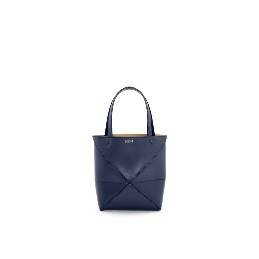 Loewe Mini Puzzle Fold Tote in shiny calfskin (Abyss Blue)