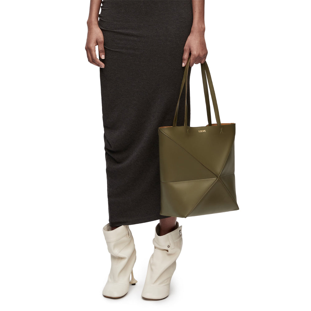 Loewe Medium Puzzle Fold tote in shiny calfskin (Dark Khaki Green)