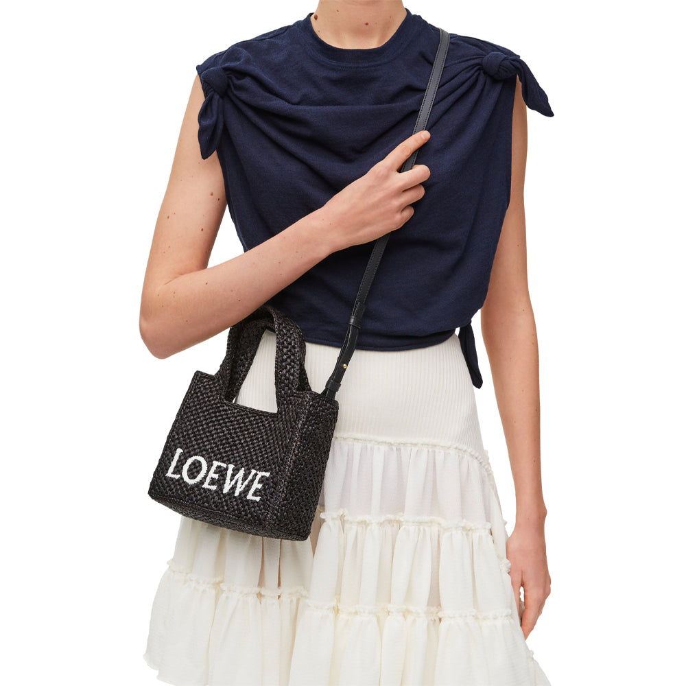 Loewe Mini LOEWE Font tote in raffia (Black)