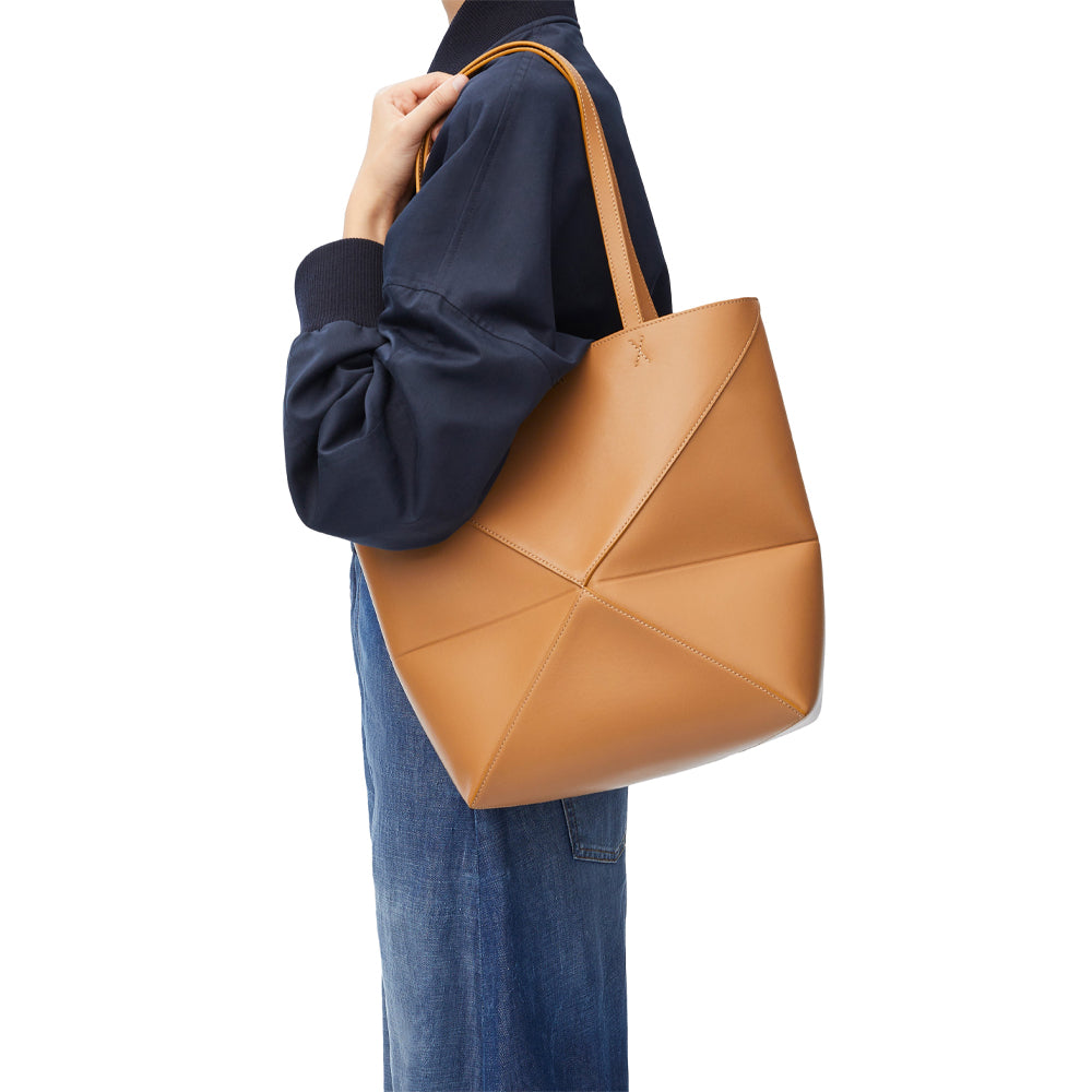 Loewe Medium Puzzle Fold tote in shiny calfskin (Warm Desert)