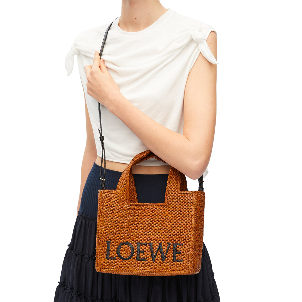 Loewe Small LOEWE Font tote in raffia (Honey Gold)