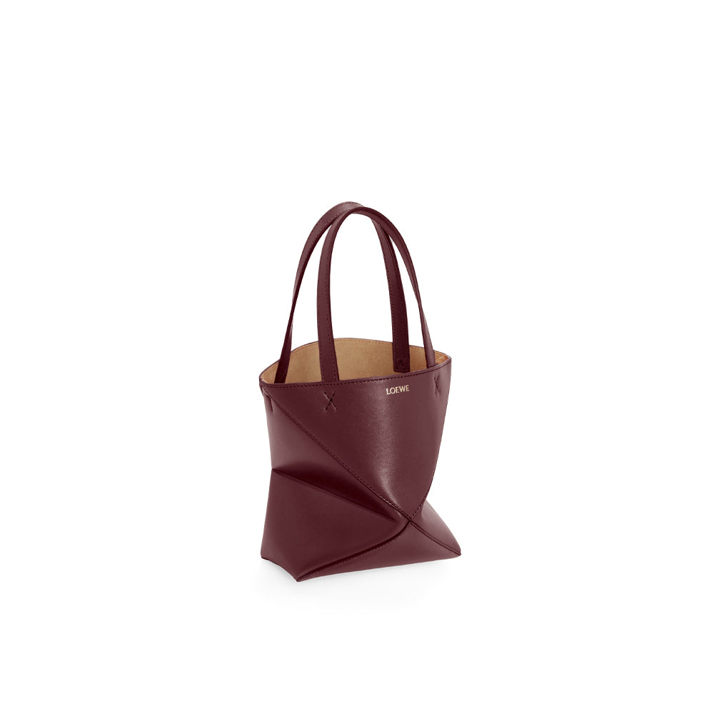 Loewe Mini Puzzle Fold Tote in shiny calfskin (Dark Burgundy)