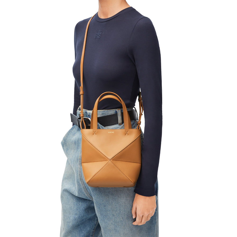 Loewe Mini Puzzle Fold Tote in shiny calfskin (Warm Desert)