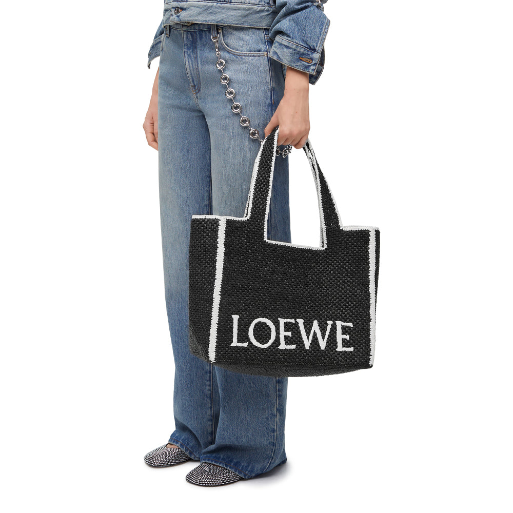 Loewe Large LOEWE Font tote in raffia (Black)