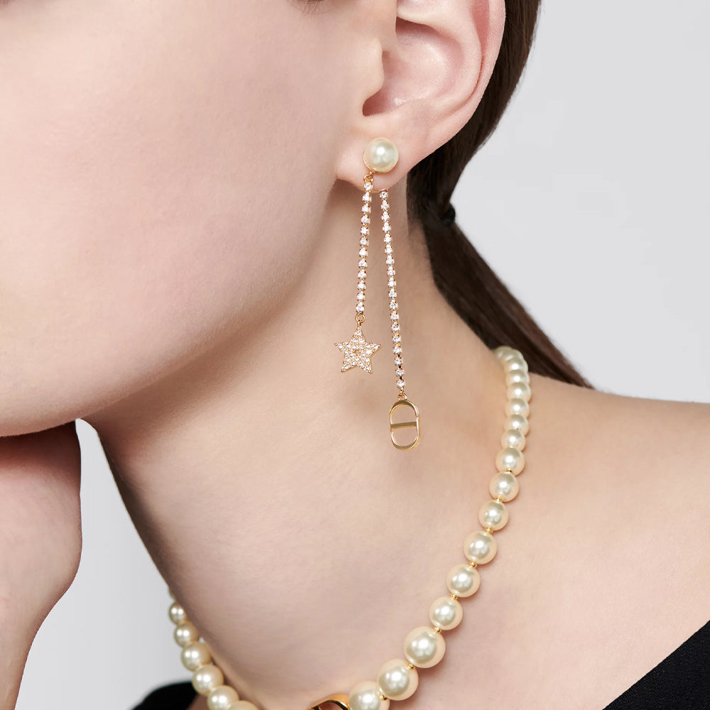 Dior Tribales Earrings (Gold-Finish Metal, White Resin Pearls and White Crystals)