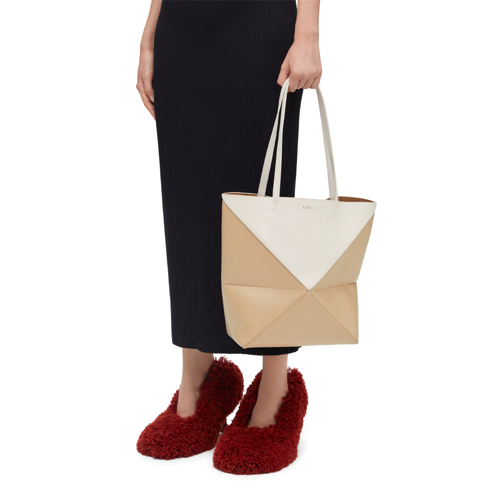 Loewe Puzzle Fold Tote in shiny calfskin (Soft White/Paper Craft)