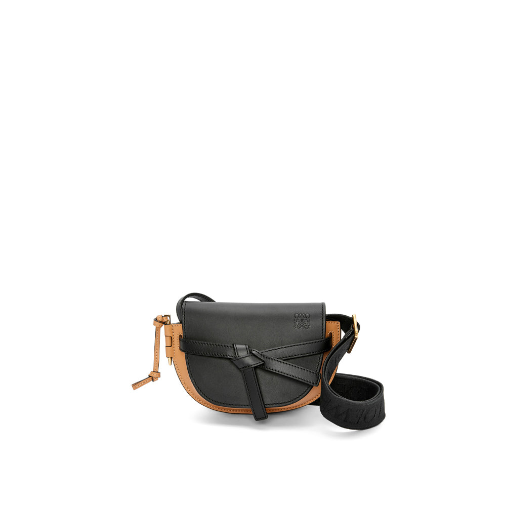 Loewe Mini Gate Dual bag in soft calfskin and jacquard (Black/Warm Desert)