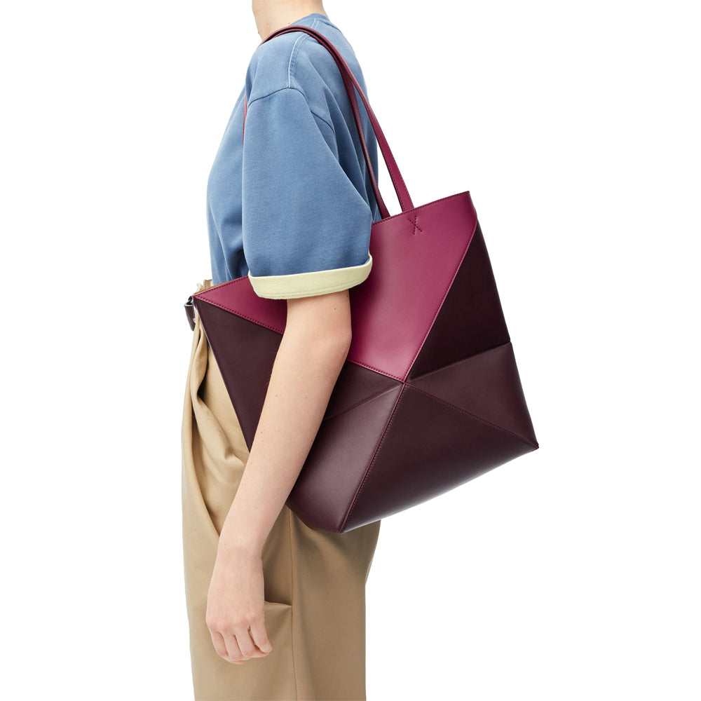 Loewe Puzzle Fold Tote in shiny calfskin (Crimson/Dark Burgundy)