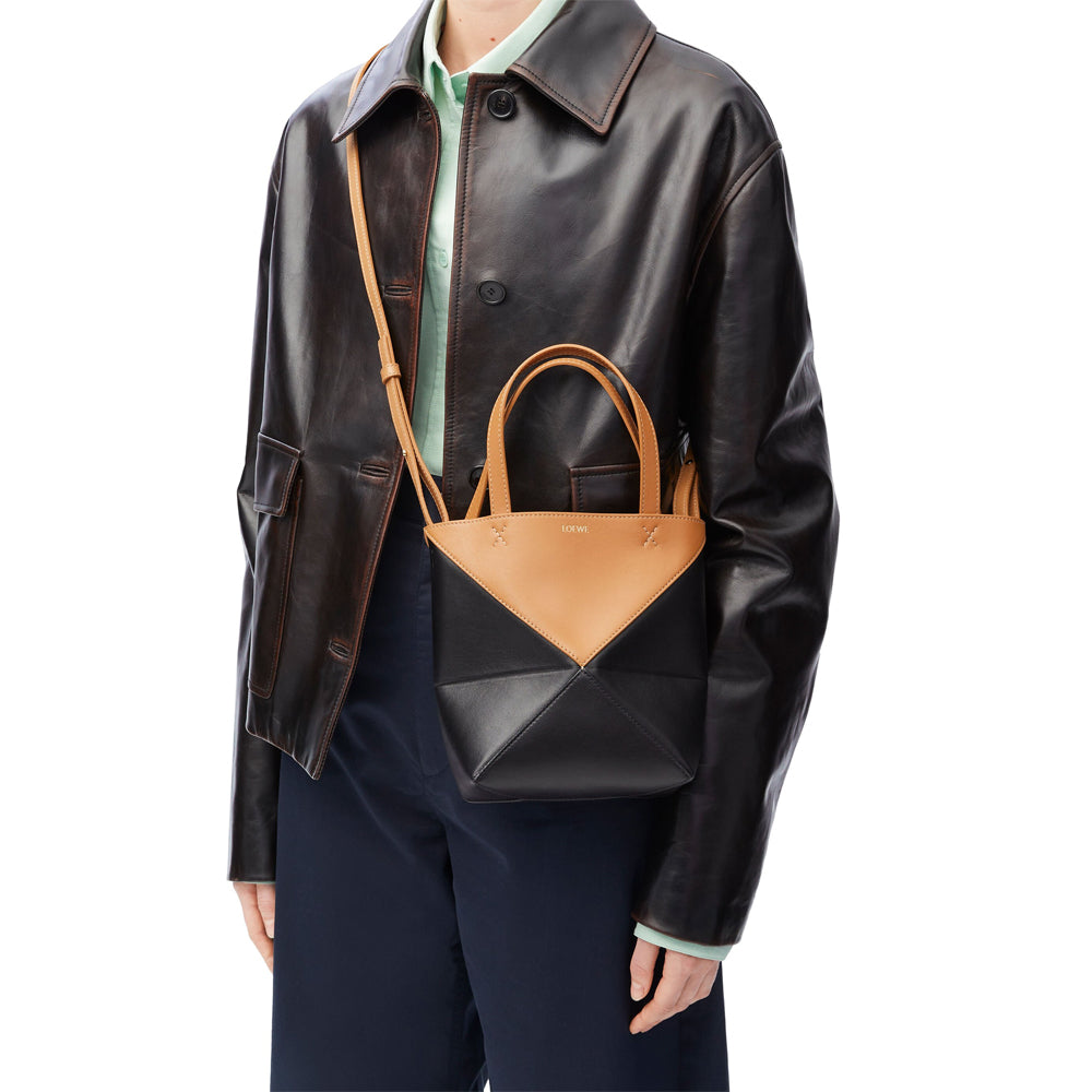 Loewe Mini Puzzle Fold Tote in shiny calfskin (Warm Desert/Black)