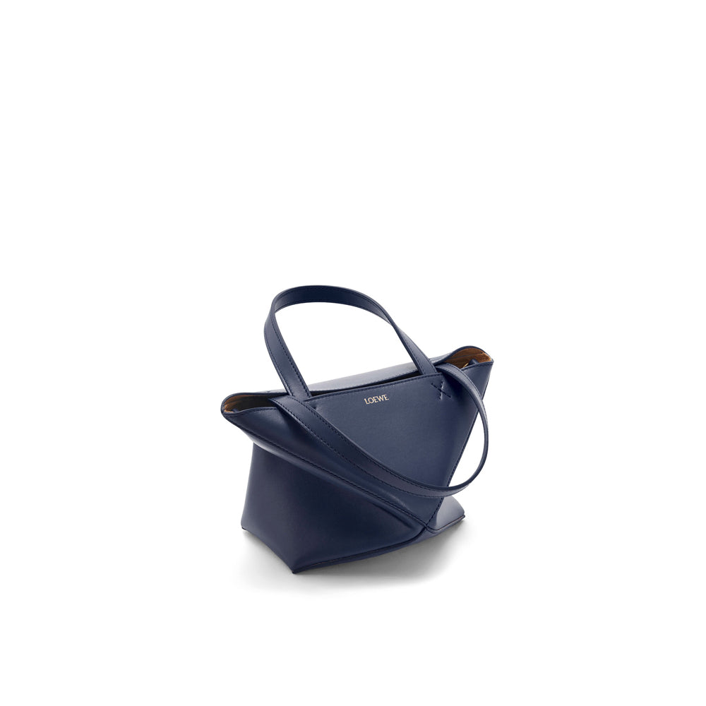 Loewe Mini Puzzle Fold Tote in shiny calfskin (Abyss Blue)