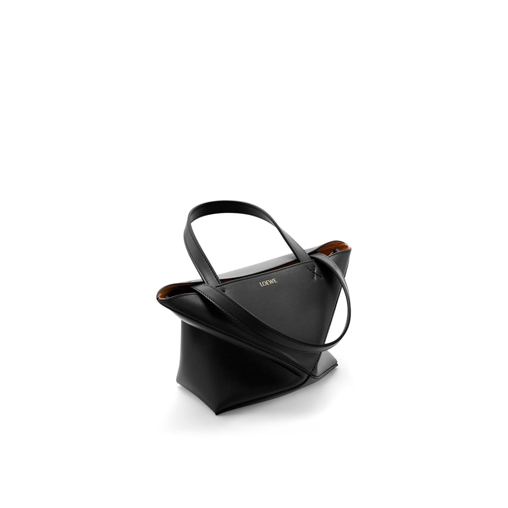 Loewe Mini Puzzle Fold Tote in shiny calfskin (Black)