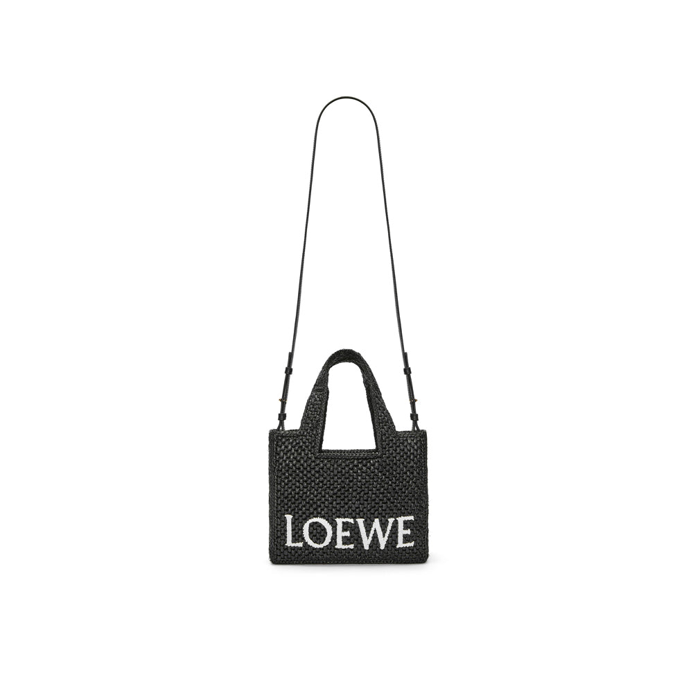 Loewe Small LOEWE Font tote in raffia (Black)