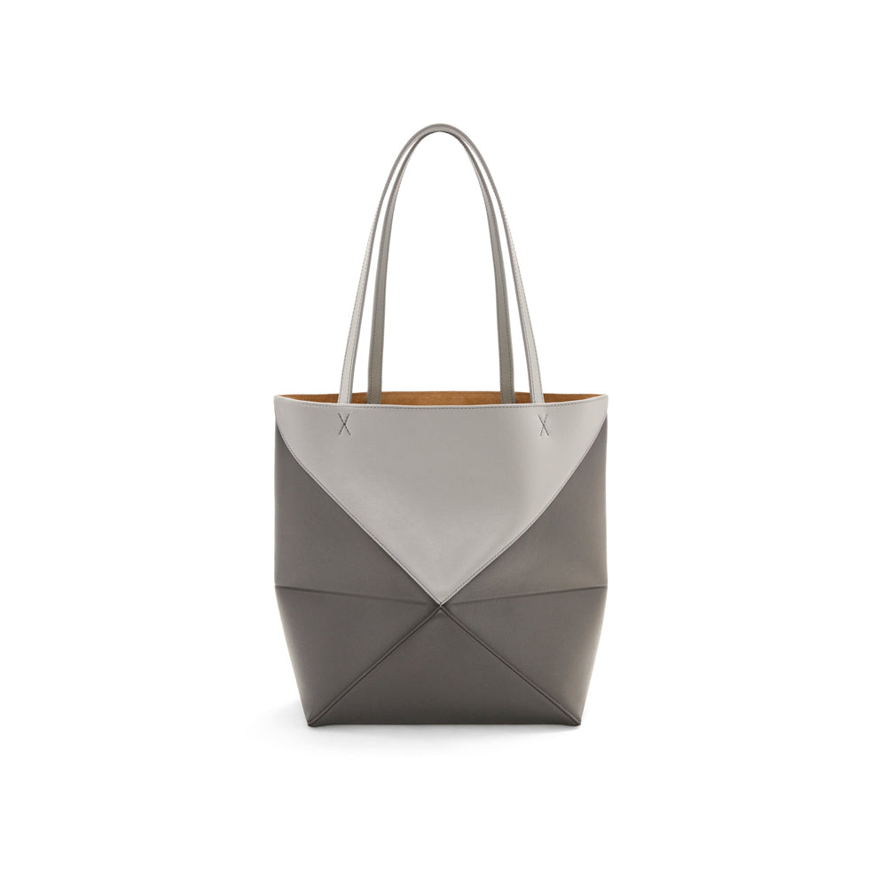 Loewe Puzzle Fold Tote in shiny calfskin (Pearl Grey/Dark Grey)