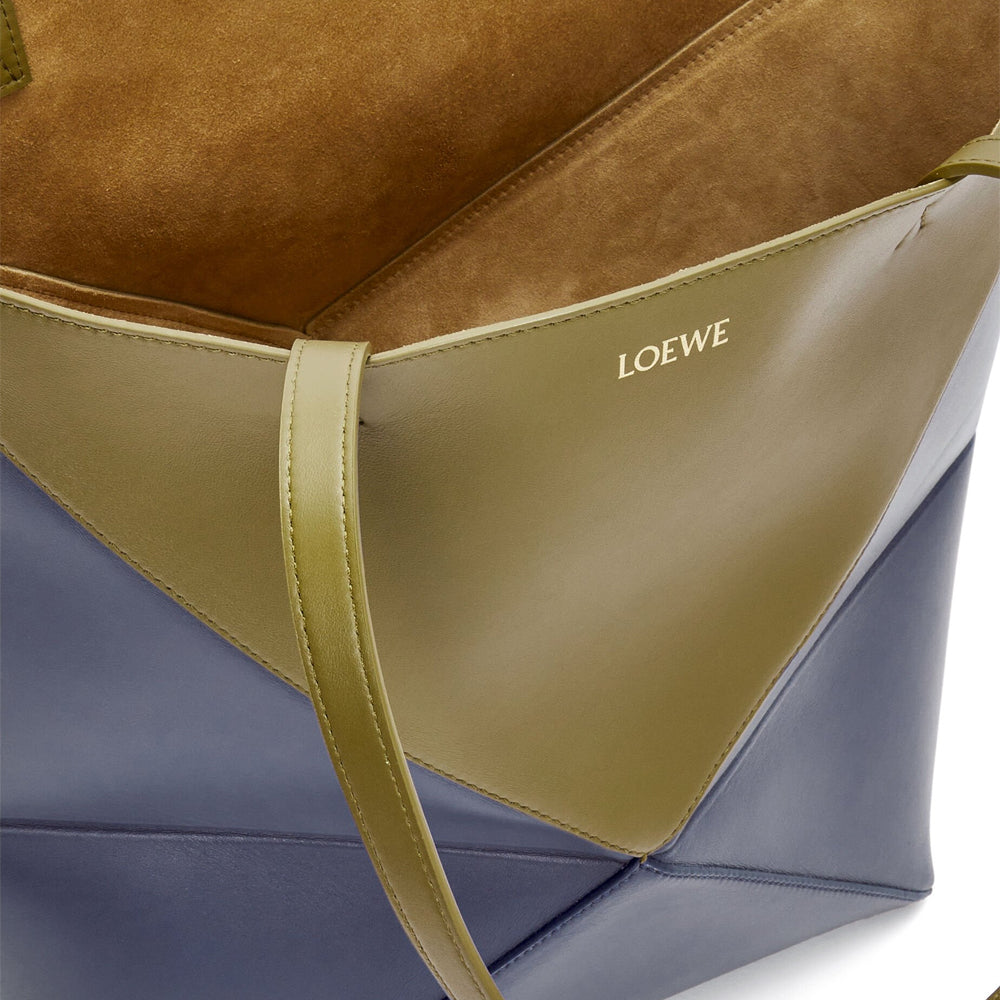 Loewe Puzzle Fold Tote in shiny calfskin (Olive/Abyss Blue)