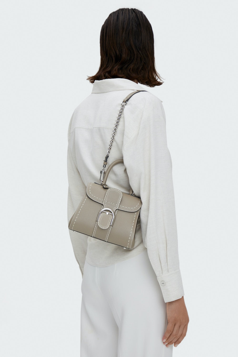 Delvaux Brillant Mini Surpiqué in Rodeo Calf (Tourterelle I - Ivory)